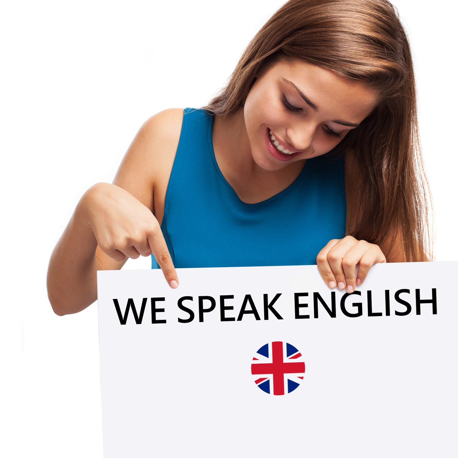Persoană care ține un mesaj We speak English